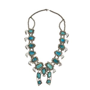Southwest Navajo Sterling Silver Turquoise Bench Bead Squash Blossom Necklace